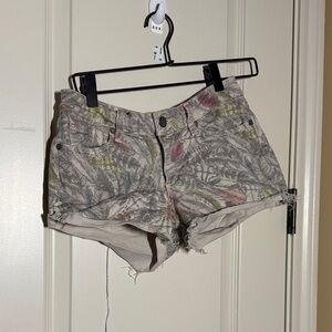 PAIGE Gray and Pink Patterned Jean Shorts